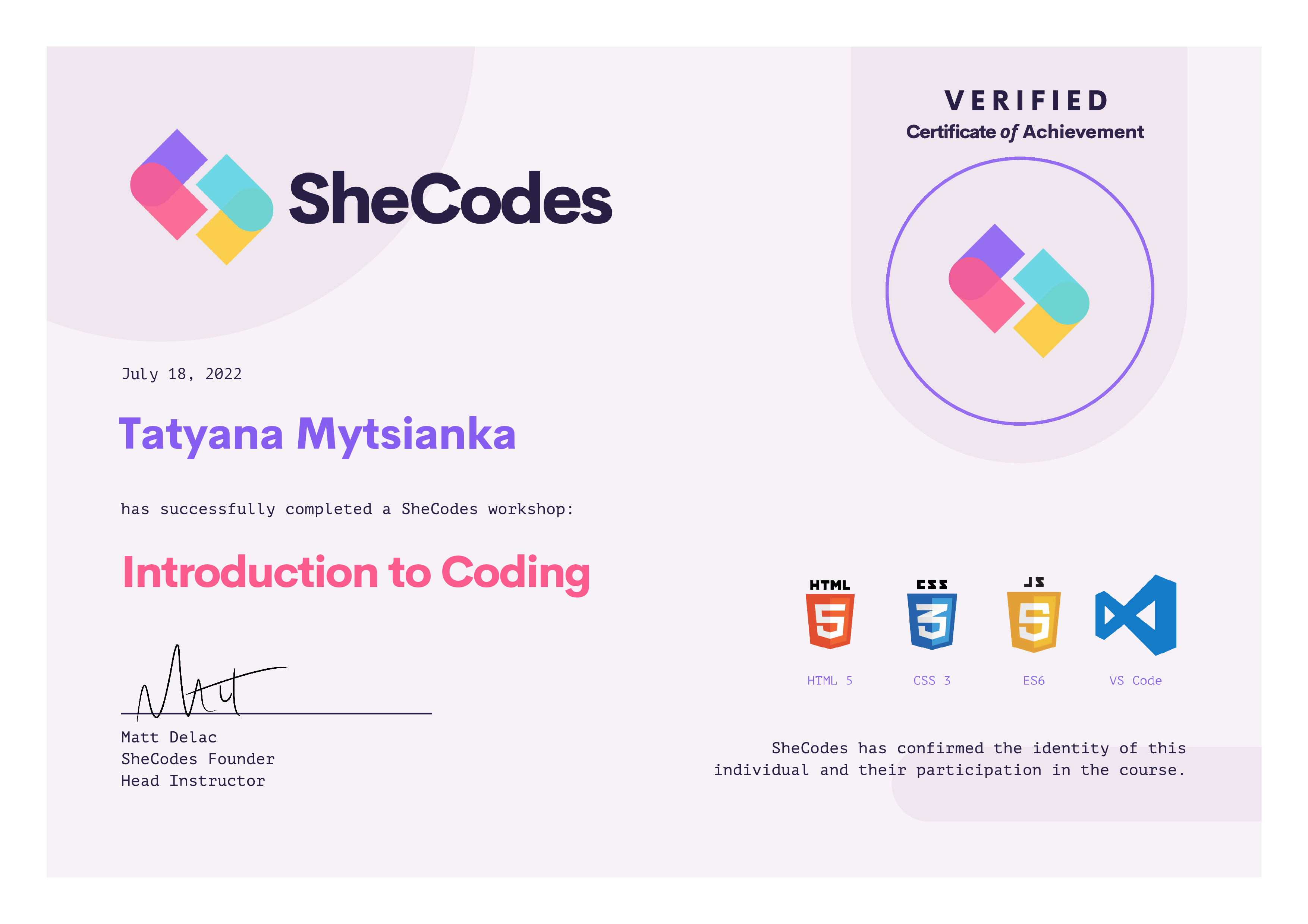 Cetrtificate SheCodes Basics